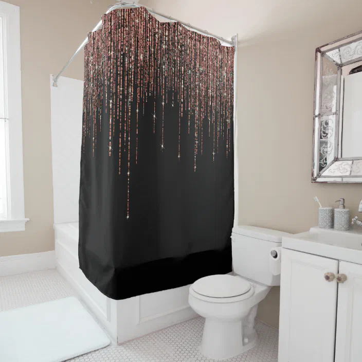 Luxury Black Rose Gold Sparkly Glitter, Glam Shower Curtain Hollywood