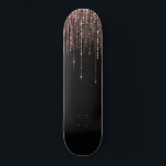 Luxury Black Rose Gold Sparkly Glitter Fringe Skateboard<br><div class="desc">This glamorous and luxury print is the perfect design for the stylish and trendy woman. It features a faux sparkly rose gold glitter fringe curtain with faux glitter typography on top of a simple black background. It's an elegant, chic, trendy, and modern bling design with a Hollywood vibe! ***IMPORTANT DESIGN...</div>