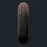 Luxury Black Rose Gold Sparkly Glitter Fringe Skateboard<br><div class="desc">This glamorous and luxury print is the perfect design for the stylish and trendy woman. It features a faux sparkly rose gold glitter fringe curtain with faux glitter typography on top of a simple black background. It's an elegant, chic, trendy, and modern bling design with a Hollywood vibe! ***IMPORTANT DESIGN...</div>