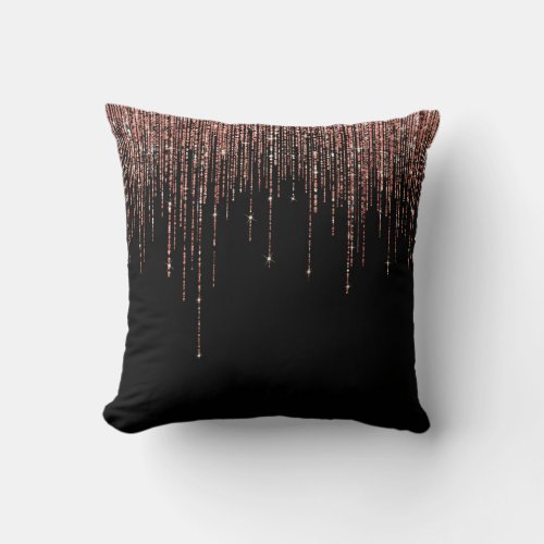 Luxury Black Rose Gold Sparkly Glitter Fringe Throw Pillow