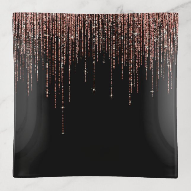 Luxury Black Rose Gold Sparkly Glitter Fringe Trinket Tray (Front)