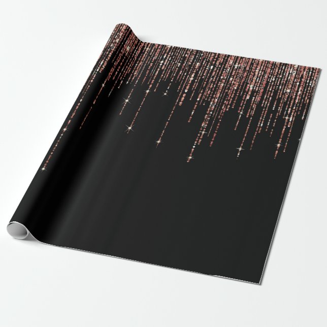 Luxury Black Rose Gold Sparkly Glitter Fringe Wrapping Paper (Unrolled)