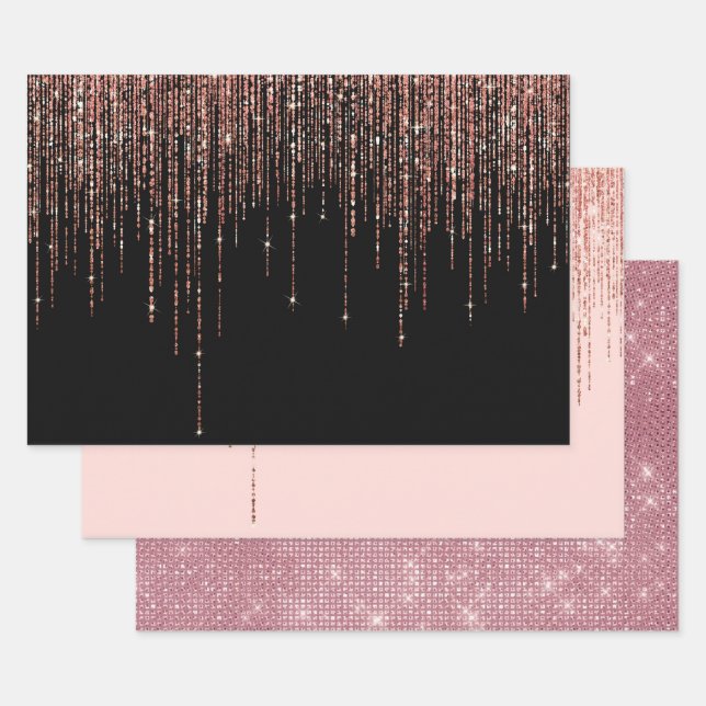 Luxury Black Rose Gold Sparkly Glitter Fringe Wrapping Paper Sheets (Set)