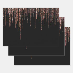 Luxury Black Rose Gold Sparkly Glitter Fringe Wrapping Paper Sheets