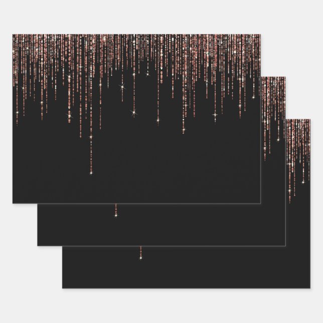 Luxury Black Rose Gold Sparkly Glitter Fringe Wrapping Paper Sheets (Set)