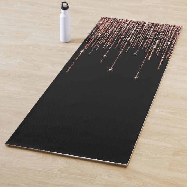 Luxury Black Rose Gold Sparkly Glitter Fringe Yoga Mat (In Situ)