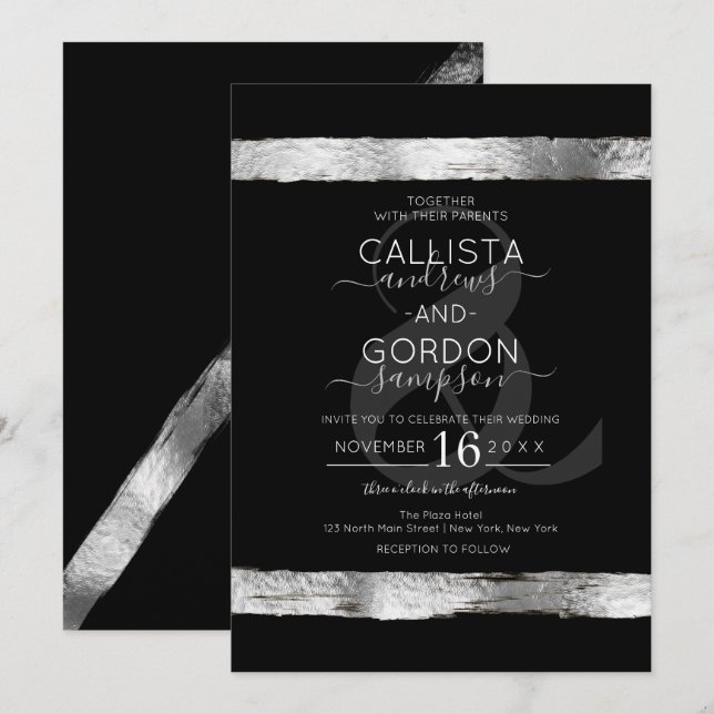 Luxury Black Silver Brushstroke Border Wedding Invitation (Front/Back)