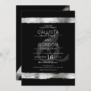 Luxury Black Silver Brushstroke Border Wedding Invitation