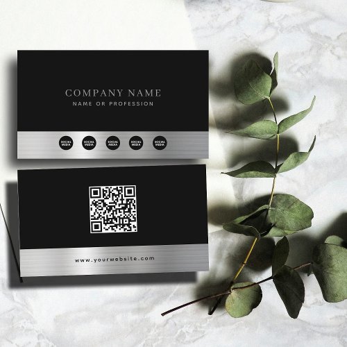 Luxury Black Silver Company Social Media  QR Code Business Card