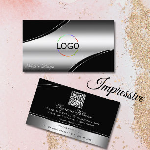 Luxury Black Silver Curved Decor Lines Logo QRCode Business Card