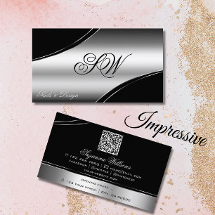 Luxury Black Silver Curved Lines Monogram QR Code Business Card