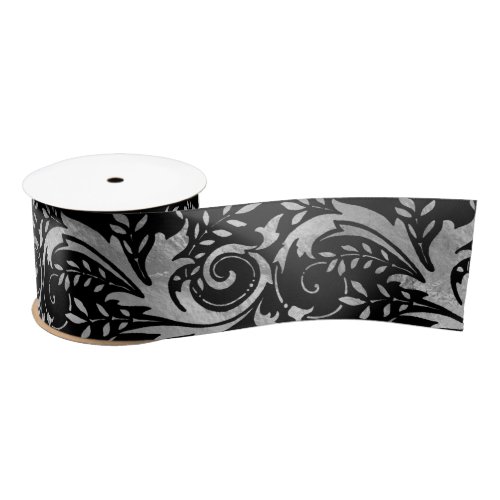 Luxury Black Silver Foil Ornate Floral Pattern Satin Ribbon