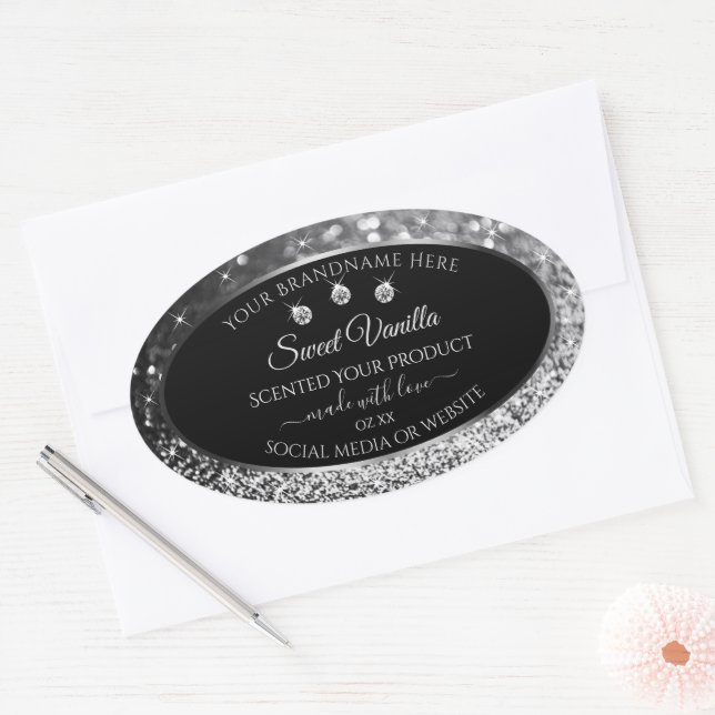 Luxury Black Silver Glitter Diamonds Product Label (Envelope)