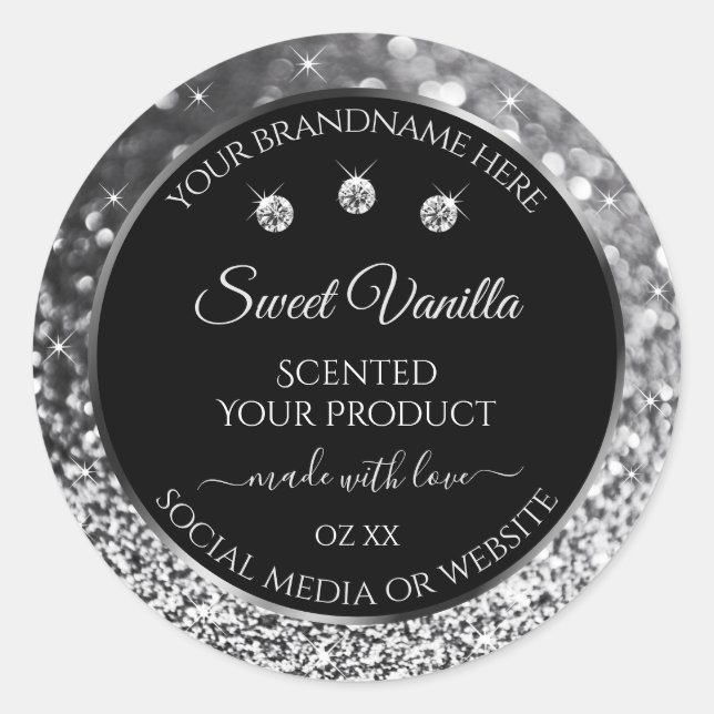 Luxury Black Silver Glitter Diamonds Product Label (Front)