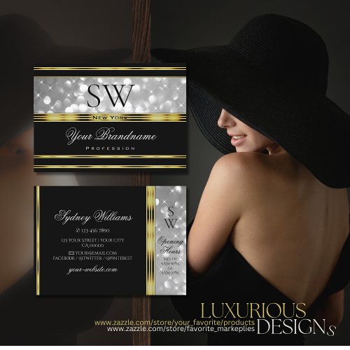 Luxury Black Silver Glitter Monogram Gold Decor Business Card