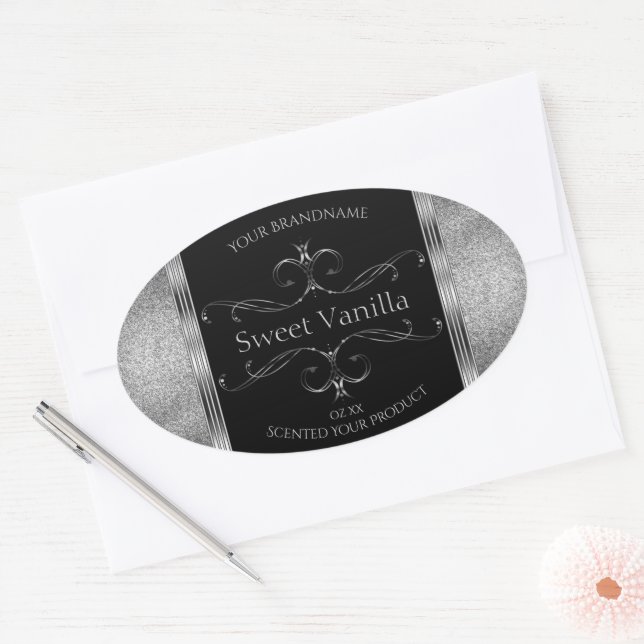 Luxury Black Silver Glitter Ornate Product Labels (Envelope)