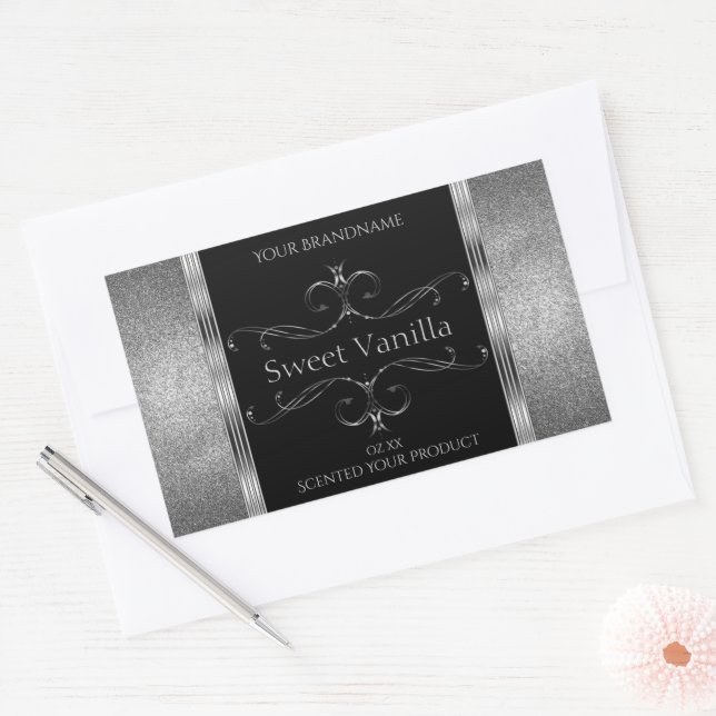Luxury Black Silver Glitter Ornate Product Labels (Envelope)