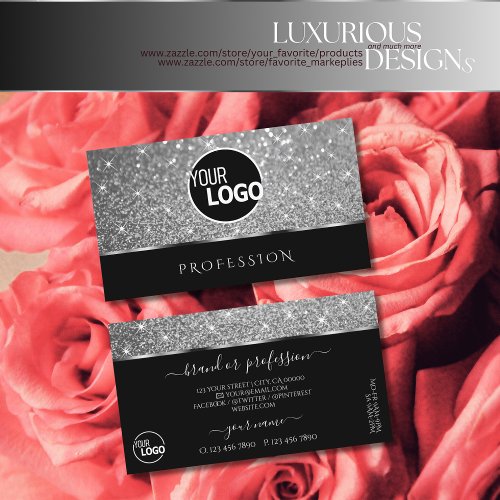 Luxury Black Silver Glitter Shimmer Stars add Logo Business Card