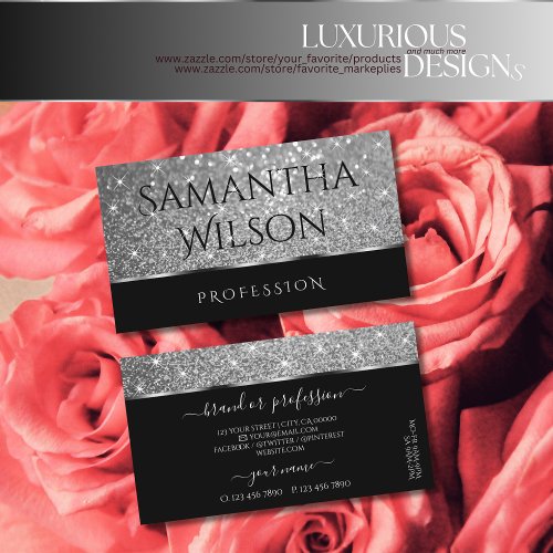 Luxury Black Silver Glitter Shimmer Stars Elegant Business Card