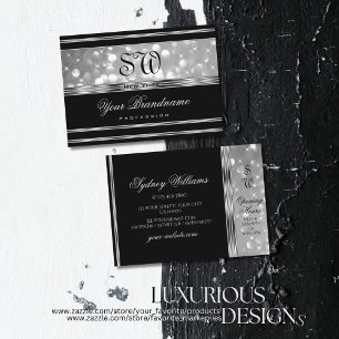 Luxury Black Silver Glitter Sparkle Stars Monogram Business Card