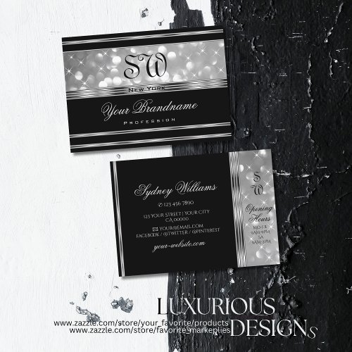 Luxury Black Silver Glitter Sparkle Stars Monogram Business Card