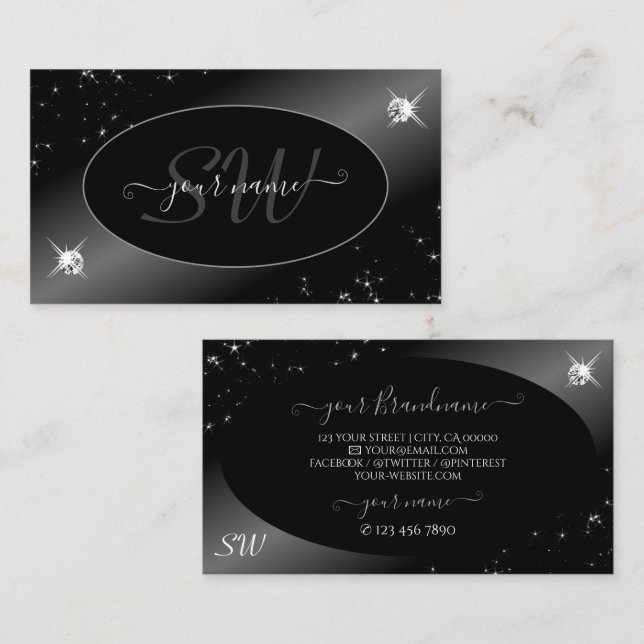 Luxury Black Silver Glitter Stars Jewels Initials Business Card (Front/Back)