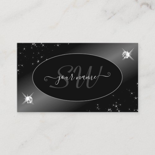 Luxury Black Silver Glitter Stars Jewels Initials Business Card