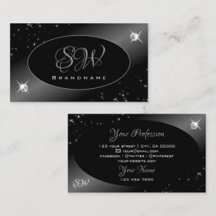 Luxury Black Silver Glitter Stars Jewels Monogram Business Card