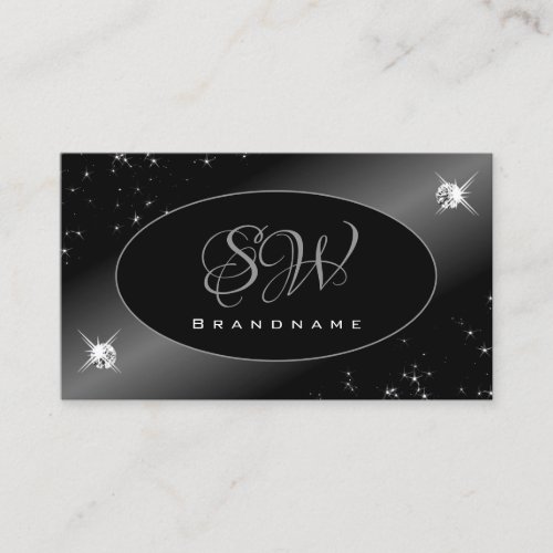Luxury Black Silver Glitter Stars Jewels Monogram Business Card