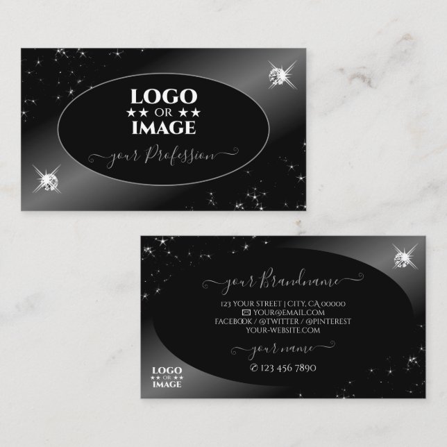 Luxury Black Silver Glitter Stars Jewels with Logo Business Card (Front/Back)