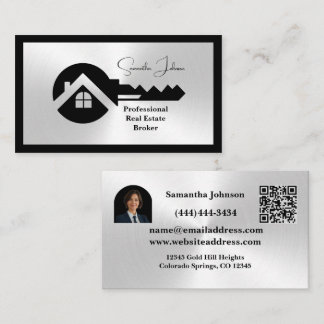Luxury Black & Silver QR Code Photo Real Estate Business Card