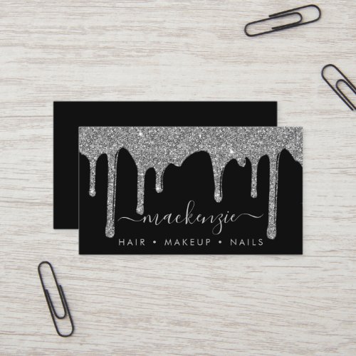 Luxury Black Silver Sparkle Glitter Drips Business Card