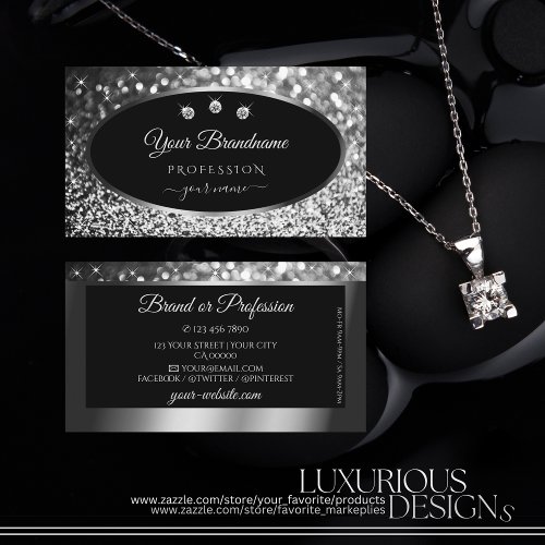 Luxury Black Silver Sparkle Glitter Stars Diamonds Business Card