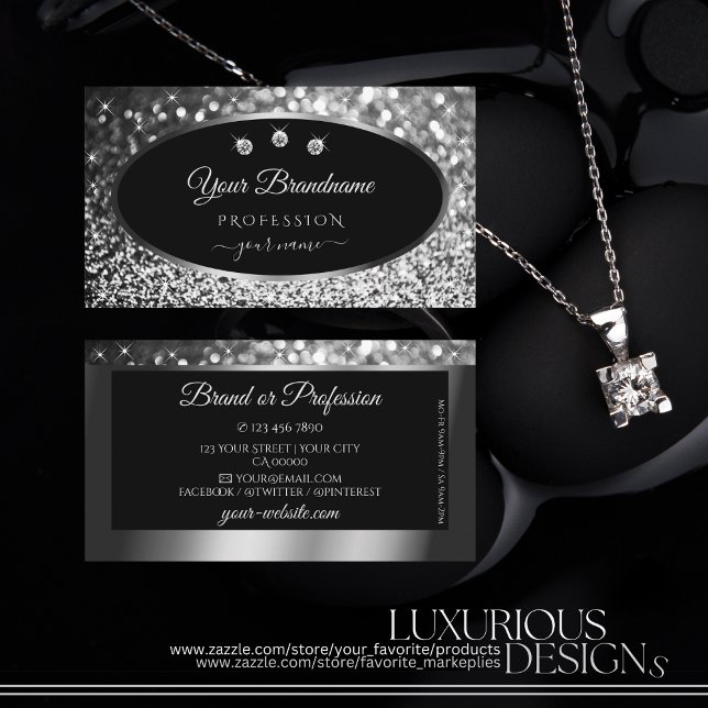 Luxury Black Silver Sparkle Glitter Stars Diamonds Business Card (Creator Uploaded)