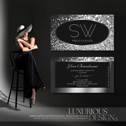 Luxury Black Silver Sparkle Glitter with Monogram Business Card