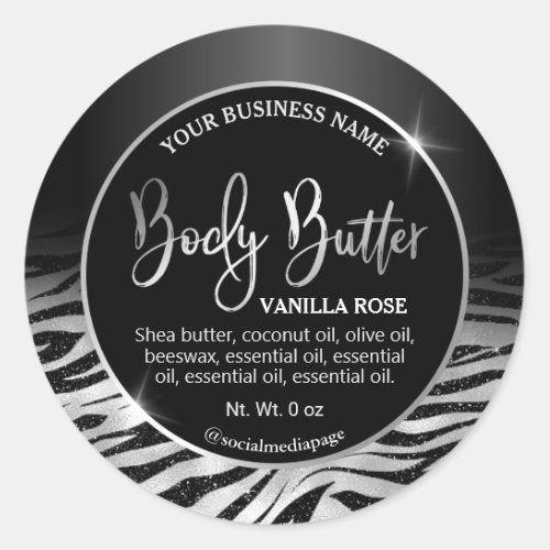 Luxury Black Silver Zebra Print Body Butter Labels
