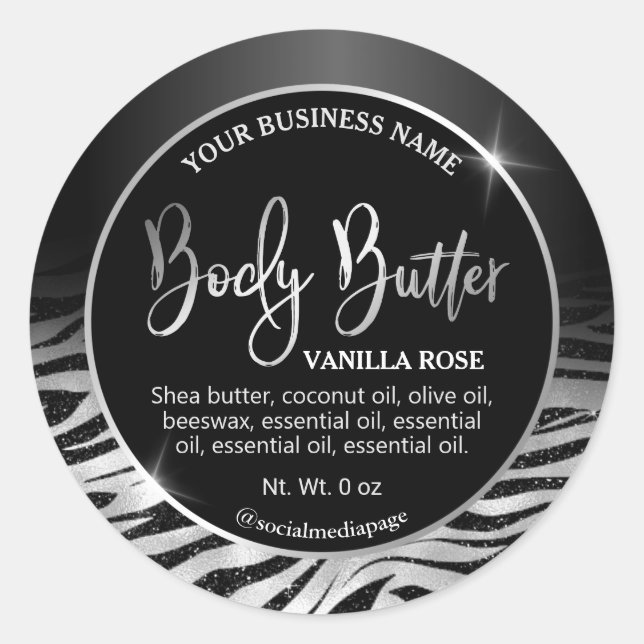 Luxury Black Silver Zebra Print Body Butter Labels (Front)