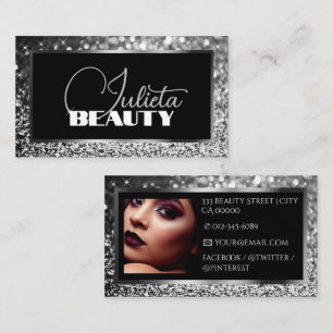 Luxury Black Sparkle Silver Glitter with Photo Business Card