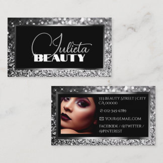 Luxury Black Sparkle Silver Glitter with Photo Business Card