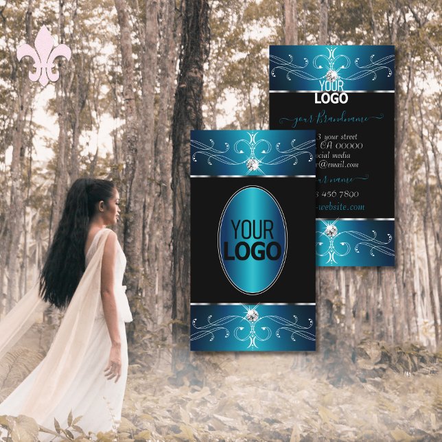 Luxury Black Teal Blue Ornate Ornaments with Logo Business Card (Creator Uploaded)