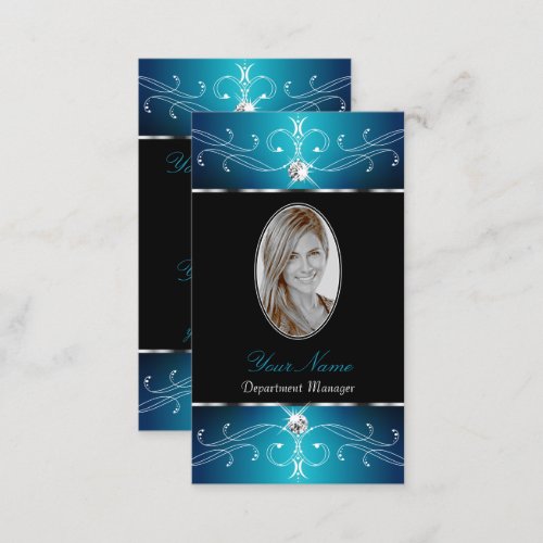 Luxury Black Teal Blue Ornate Ornaments with Photo Business Card