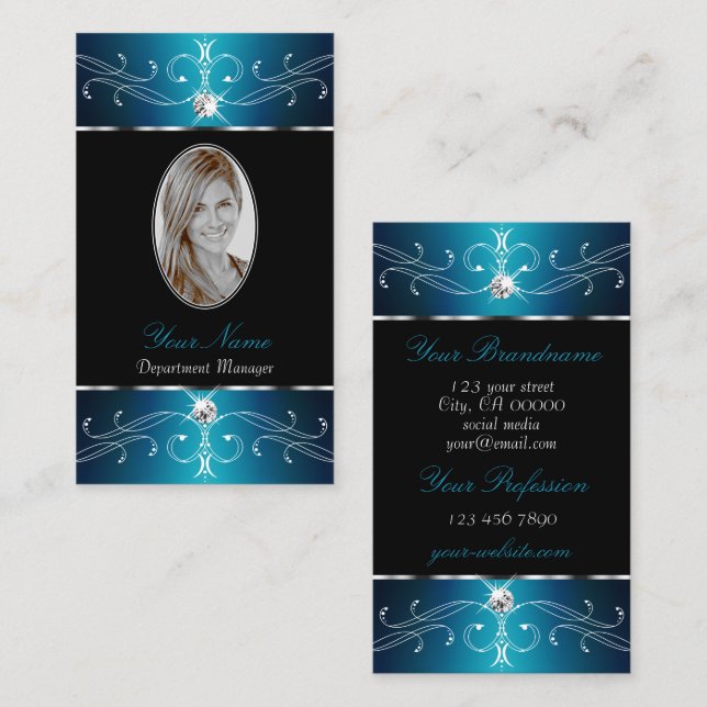 Luxury Black Teal Blue Ornate Ornaments with Photo Business Card (Front/Back)