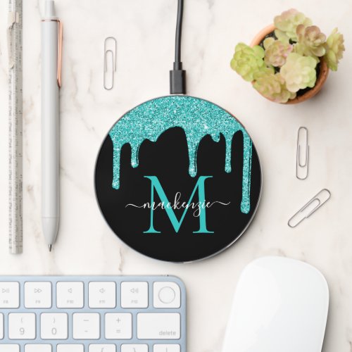 Luxury Black Teal Glitter Drips Sparkle Monogram Wireless Charger