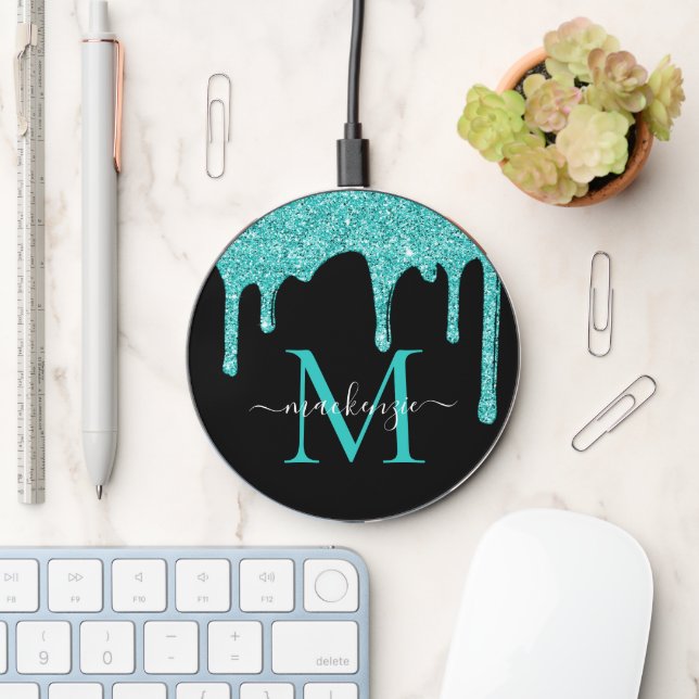 Luxury Black Teal Glitter Drips Sparkle Monogram Wireless Charger (Desk)