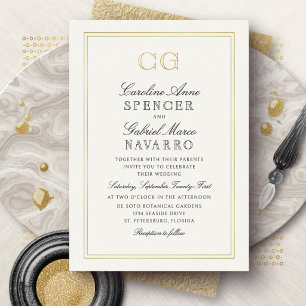 Luxury Black Tie Monogram Wedding Foil Invitation