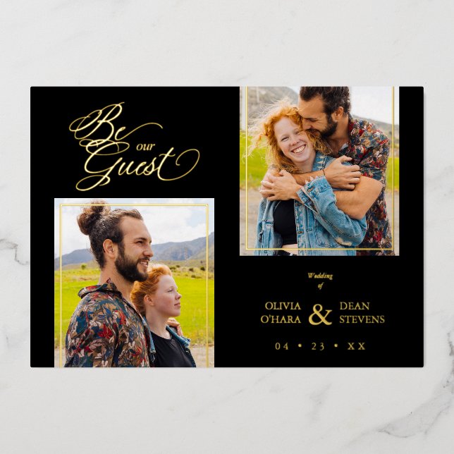 Luxury Black Trendy 2 Photos Real Golden Foil Invitation (Front)