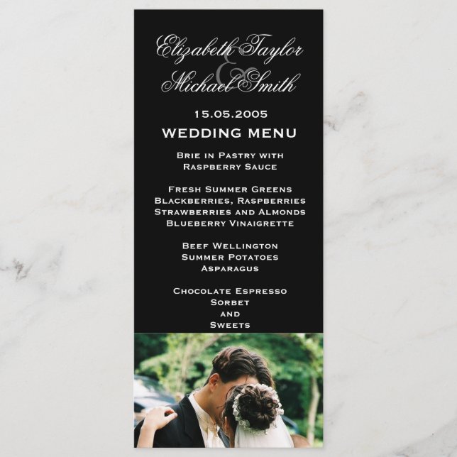 Luxury Black Wedding Photo Kiss Wedding Menu (Front)