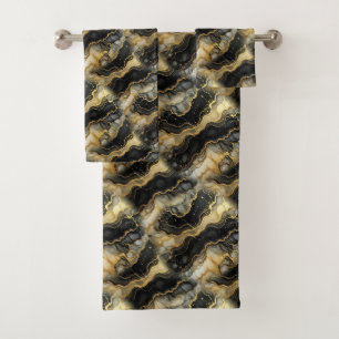 Luxury Black White and Gold Alcohol Ink Marble Bath Towel Set