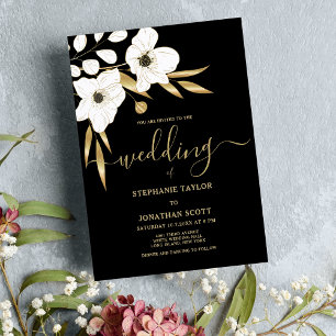 Luxury black white gold floral elegant wedding invitation