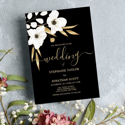 Luxury black white gold floral elegant wedding  invitation